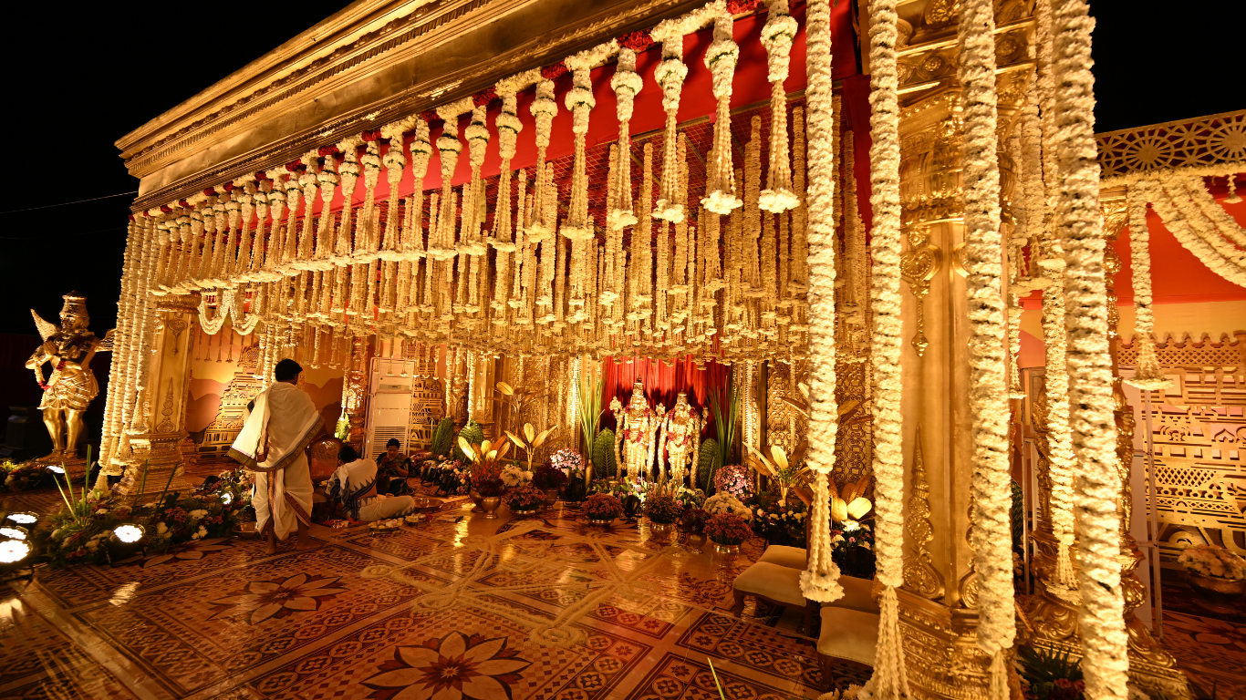 Mandap with cascading jasmine garlands